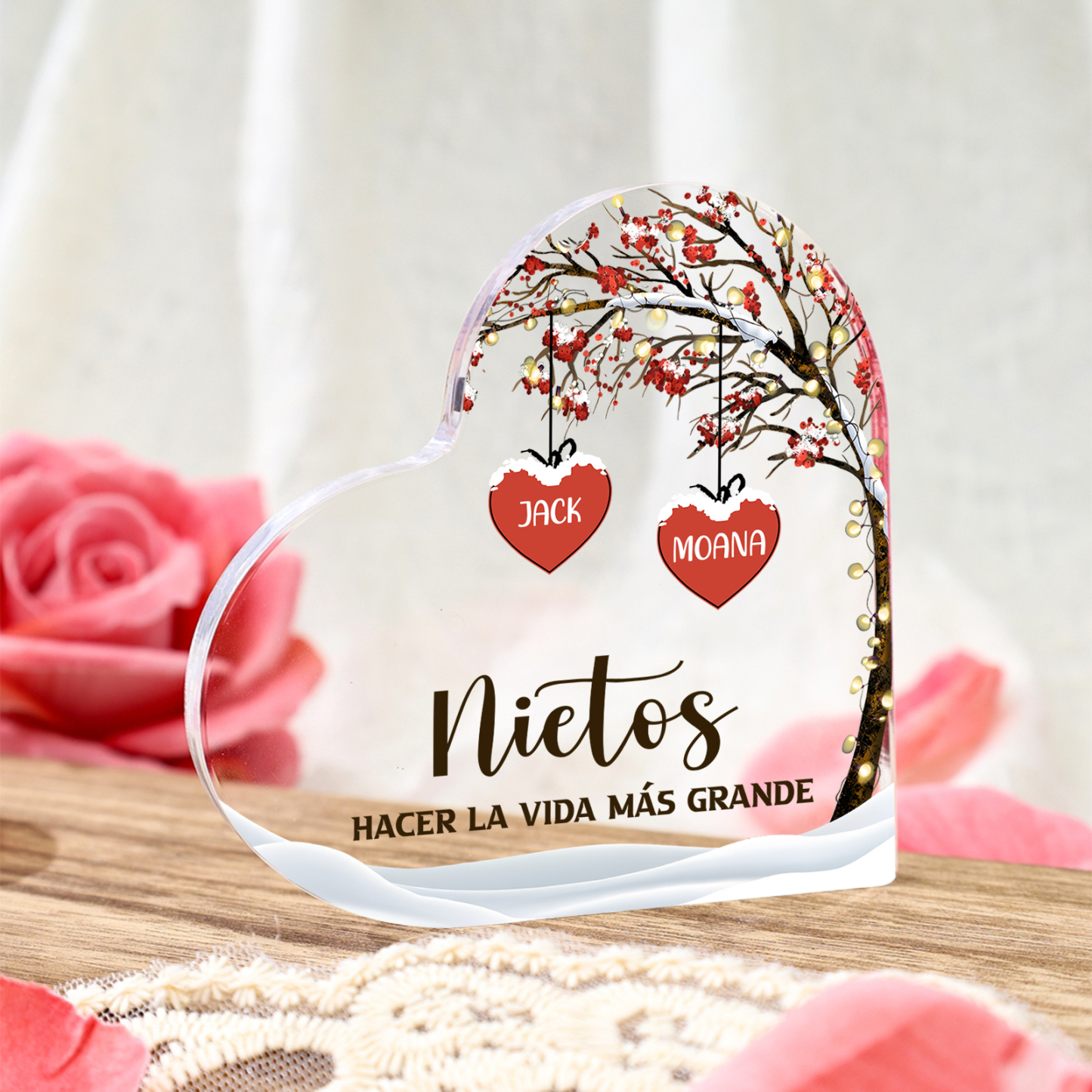 A familia-Placa de acrílico en forma de corazón árbol de vida 1 nombre