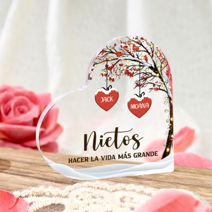 A familia-Placa de acrílico en forma de corazón árbol de vida 1 nombre