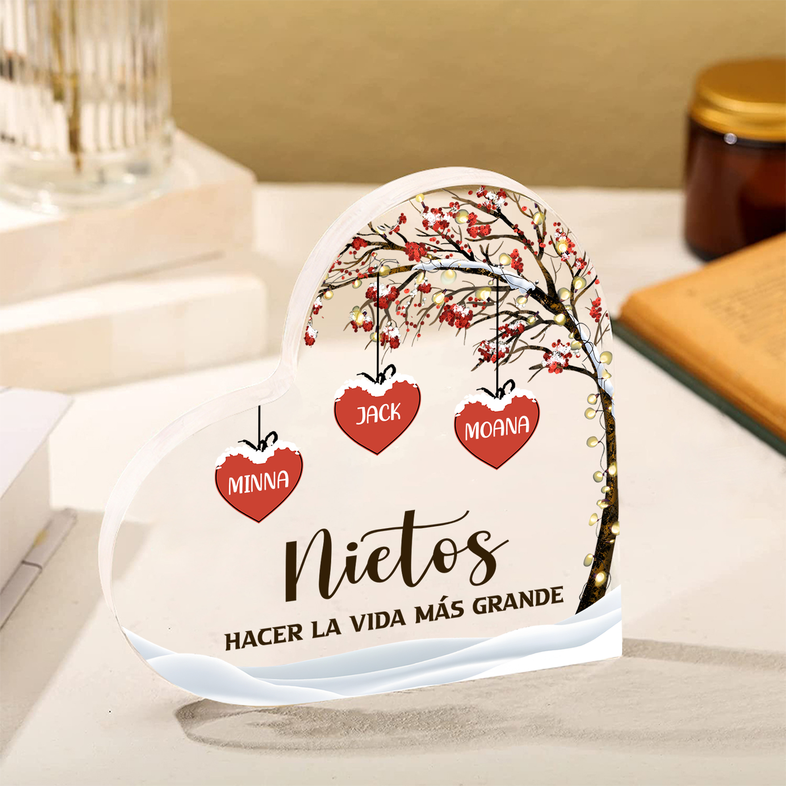 A la familia-Placa de acrílico en forma de corazón árbol de vida y corazones 3 nombres personalizados | Jessemade