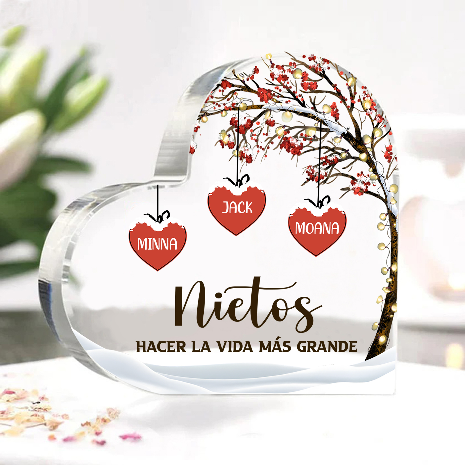 A la familia-Placa de acrílico en forma de corazón árbol de vida y corazones 3 nombres personalizados | Jessemade