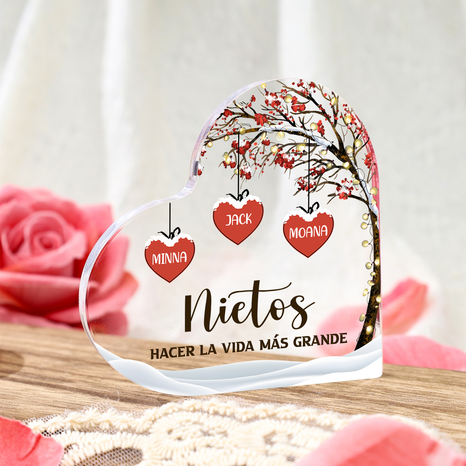 A familia-Placa de acrílico en forma de corazón árbol de vida 1 nombre