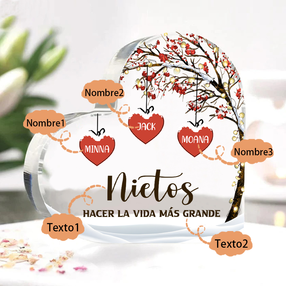 A la familia-Placa de acrílico en forma de corazón árbol de vida y corazones 3 nombres personalizados | Jessemade