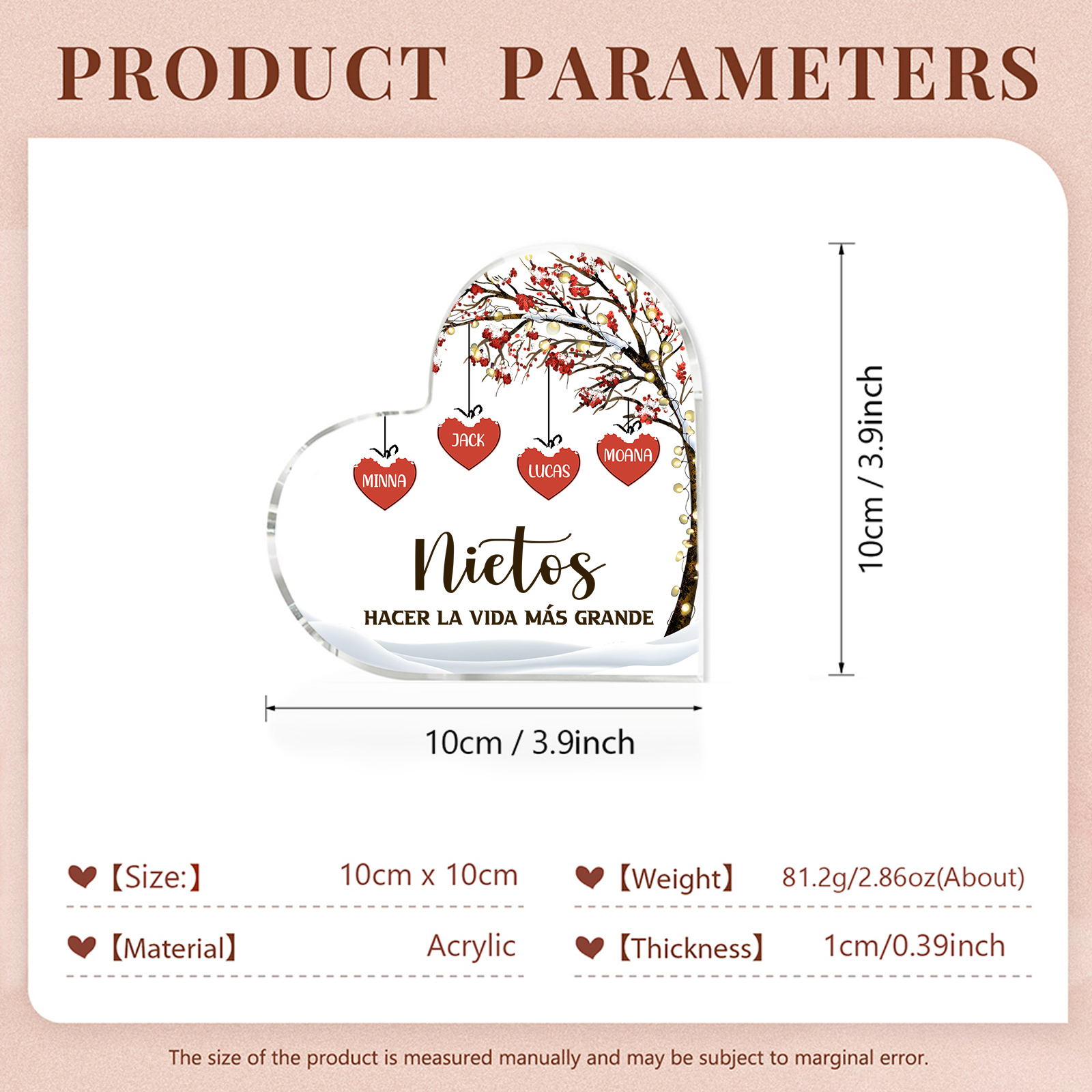 A la familia-Placa de acrílico en forma de corazón árbol de vida y corazones 4 nombres personalizados | Jessemade