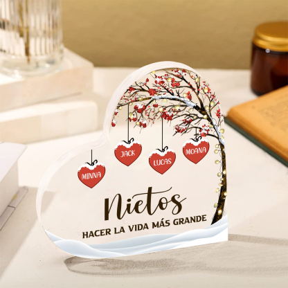 A la familia-Placa de acrílico en forma de corazón árbol de vida y corazones 4 nombres personalizados | Jessemade