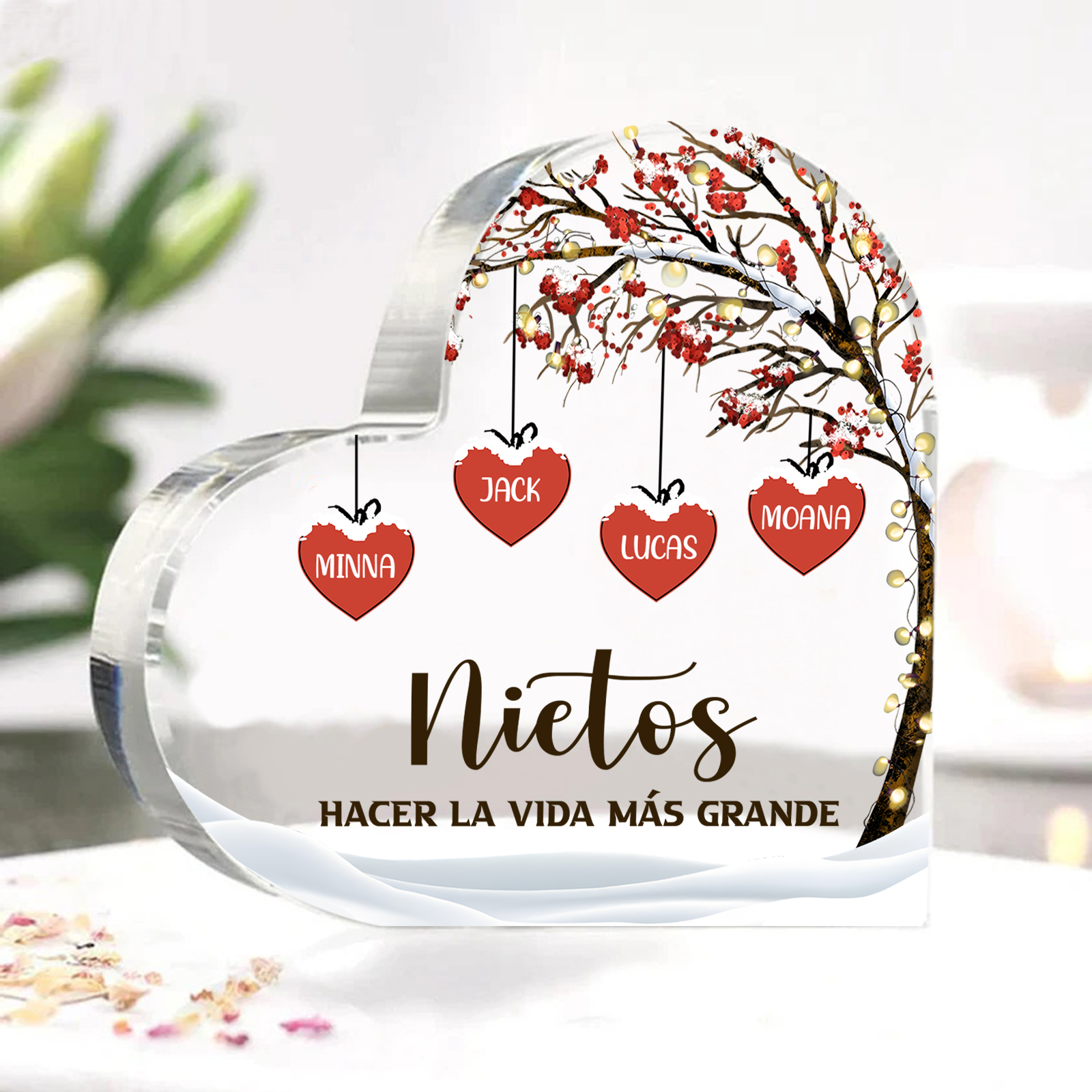A la familia-Placa de acrílico en forma de corazón árbol de vida y corazones 4 nombres personalizados | Jessemade