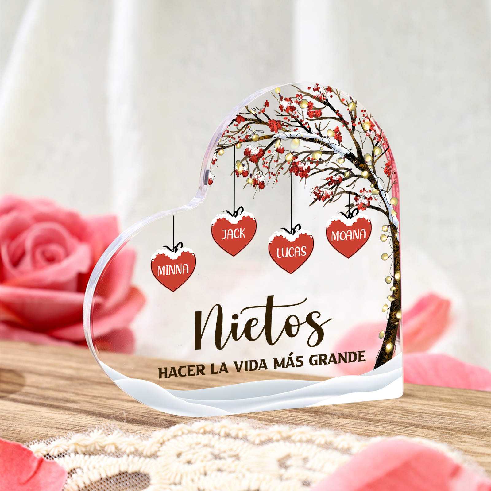 A familia-Placa de acrílico en forma de corazón árbol de vida 1 nombre