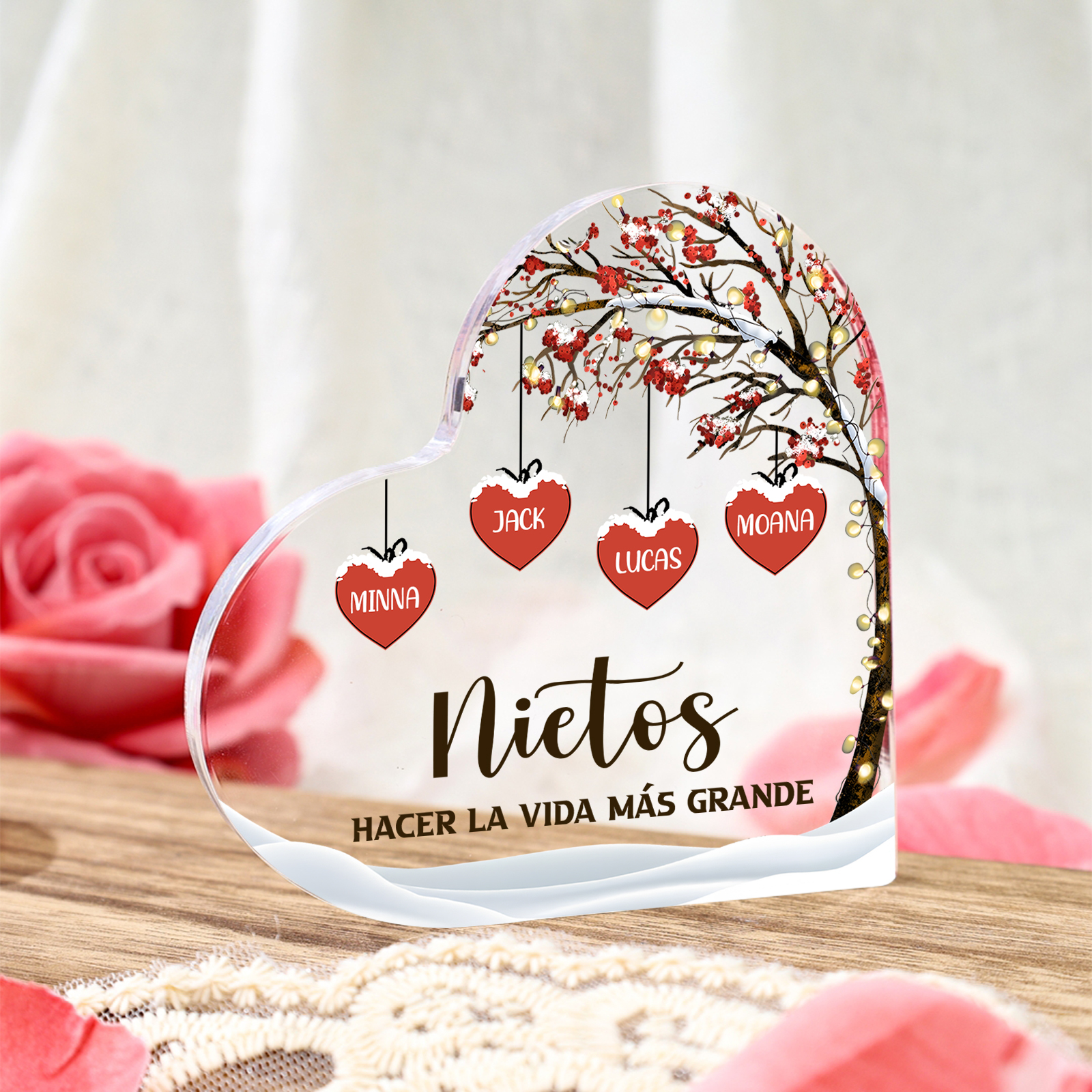 A familia-Placa de acrílico en forma de corazón árbol de vida 1 nombre