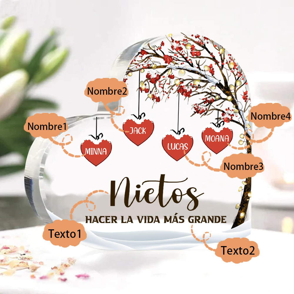 A la familia-Placa de acrílico en forma de corazón árbol de vida y corazones 4 nombres personalizados | Jessemade