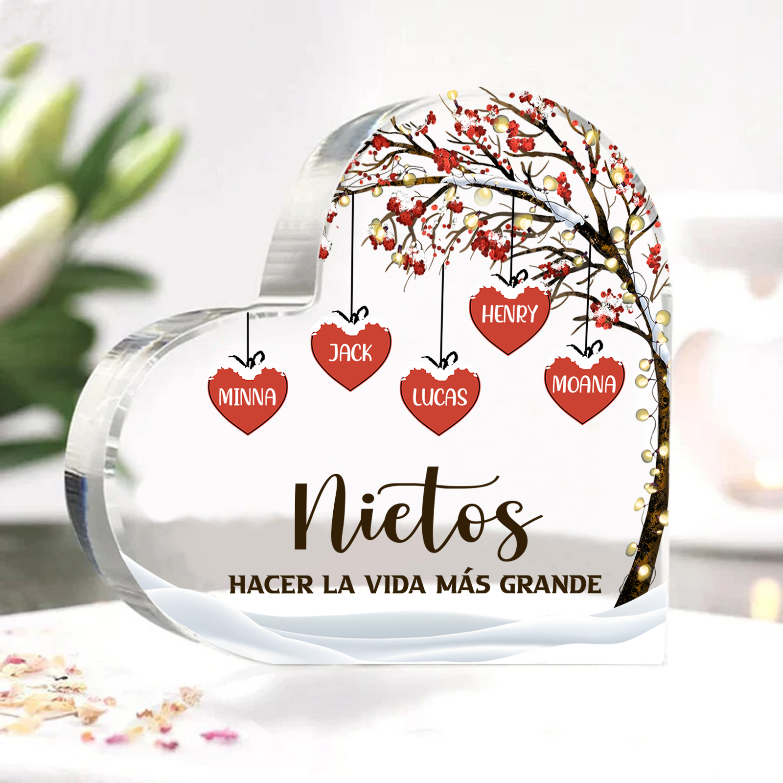 A la familia-Placa de acrílico en forma de corazón árbol de vida y corazones 5 nombres personalizados | Jessemade