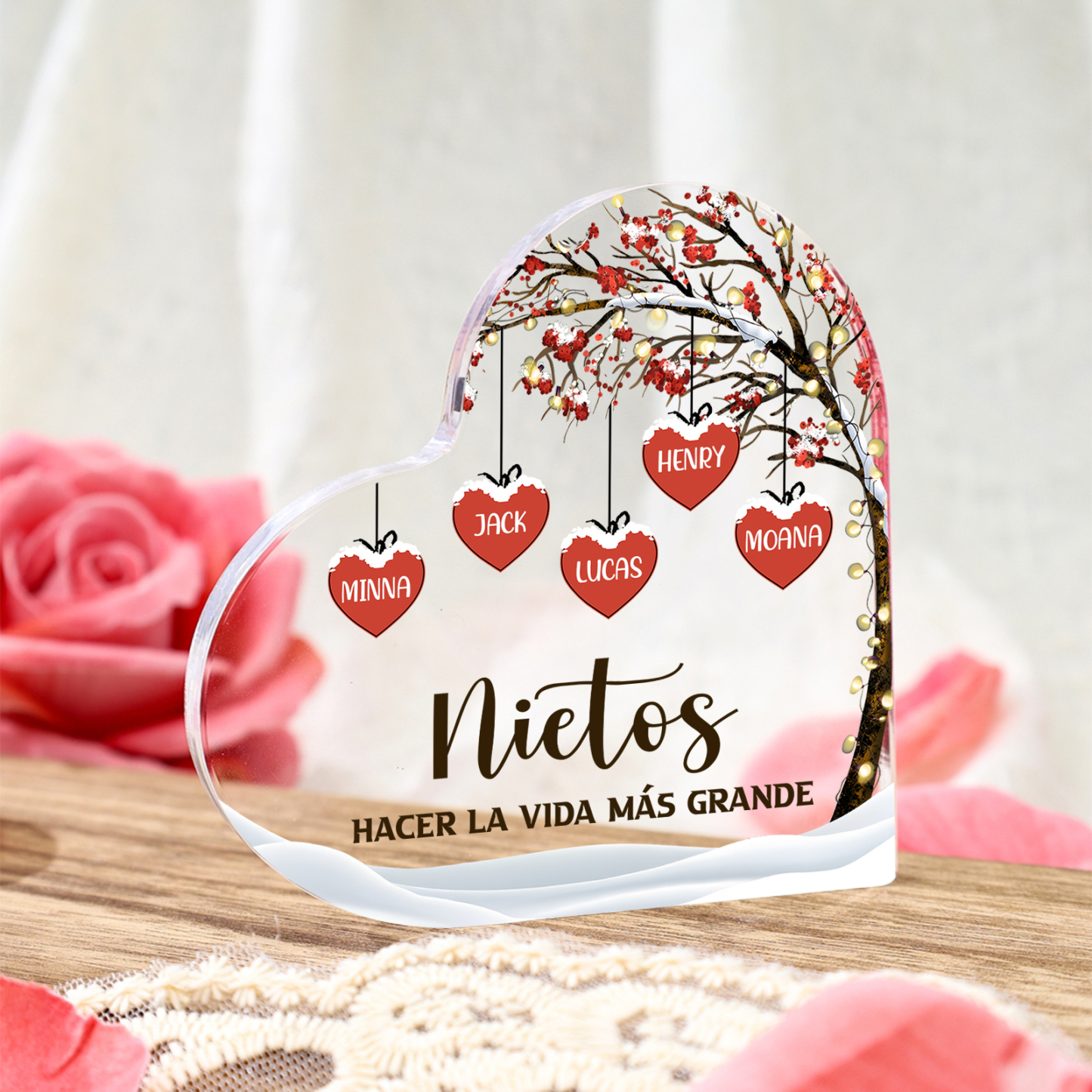 A familia-Placa de acrílico en forma de corazón árbol de vida 1 nombre