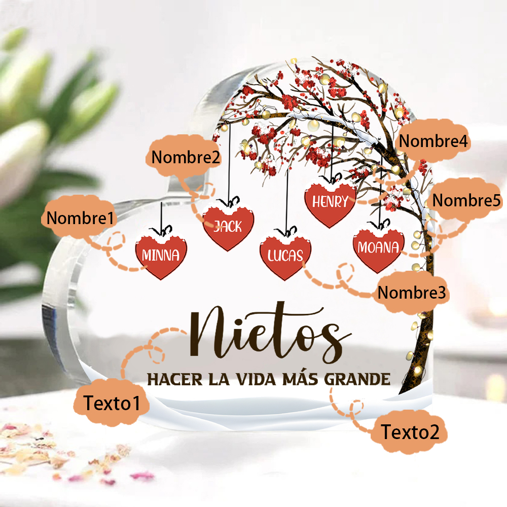 A la familia-Placa de acrílico en forma de corazón árbol de vida y corazones 5 nombres personalizados | Jessemade