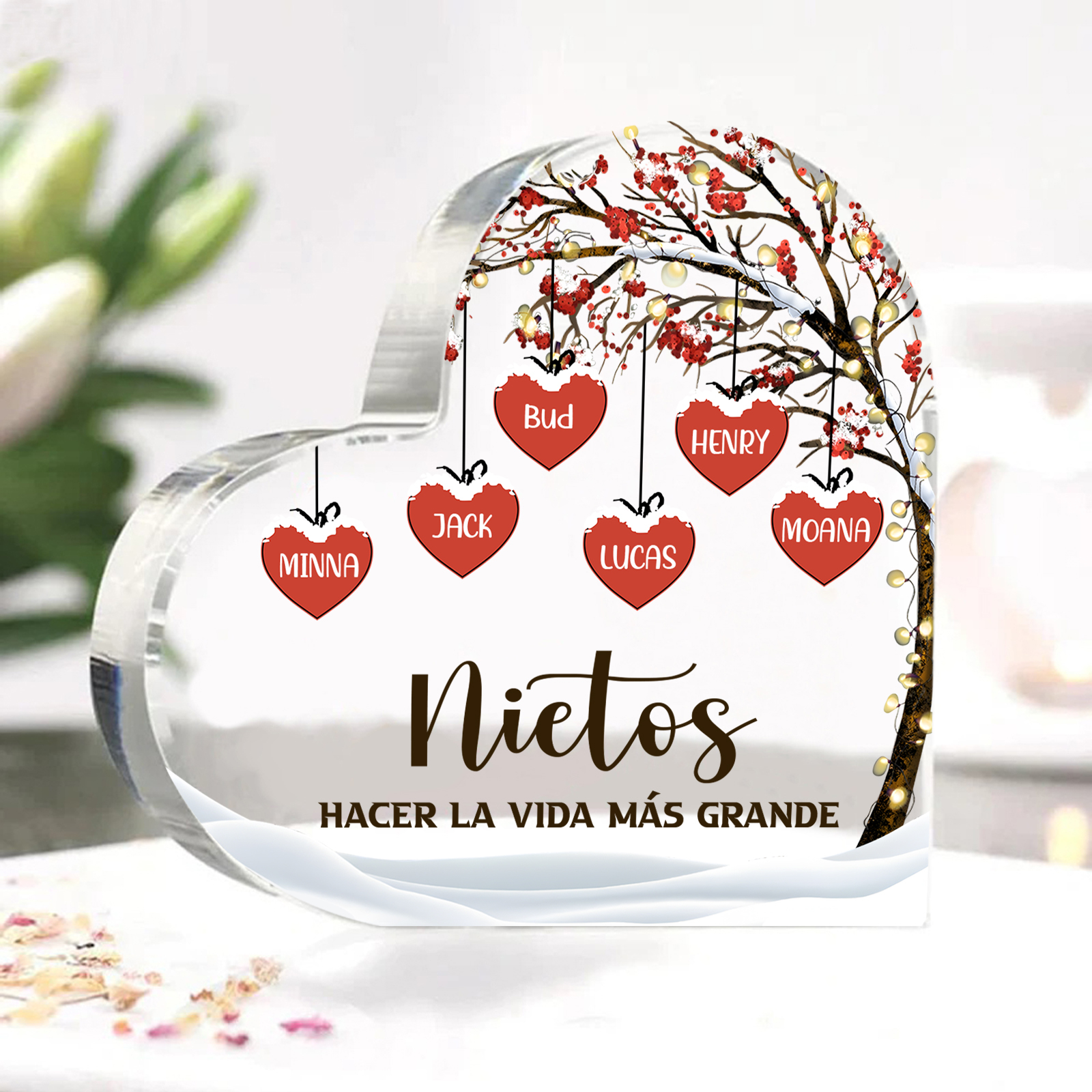 A la familia-Placa de acrílico en forma de corazón árbol de vida y corazones 6 nombres personalizados | Jessemade