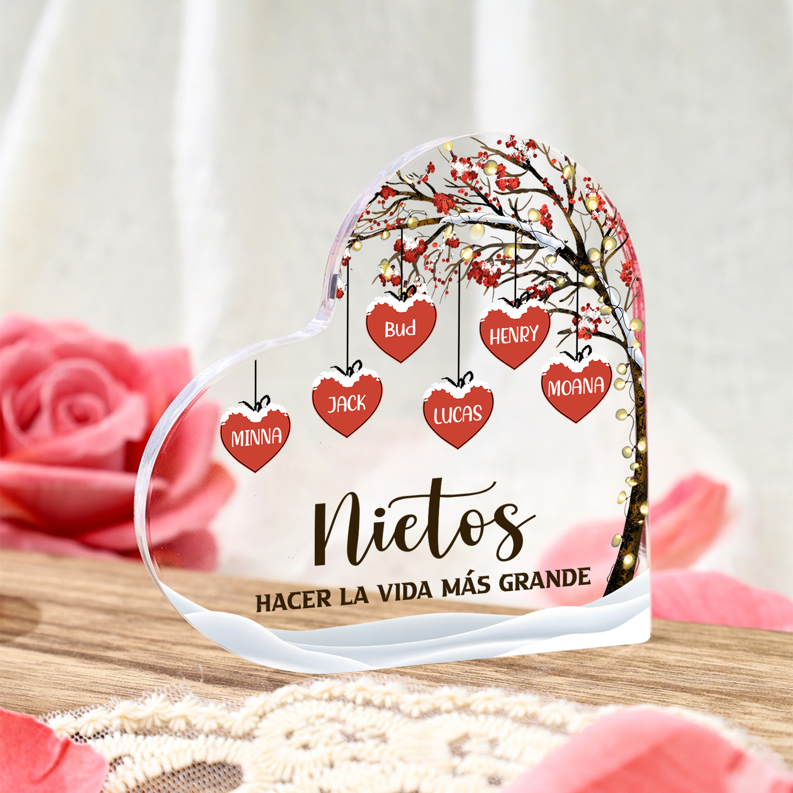 A la familia-Placa de acrílico en forma de corazón árbol de vida y corazones 6 nombres personalizados | Jessemade