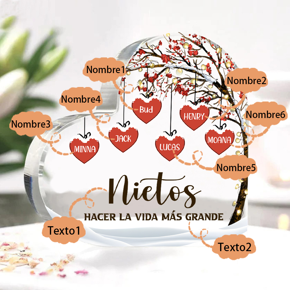 A la familia-Placa de acrílico en forma de corazón árbol de vida y corazones 6 nombres personalizados | Jessemade