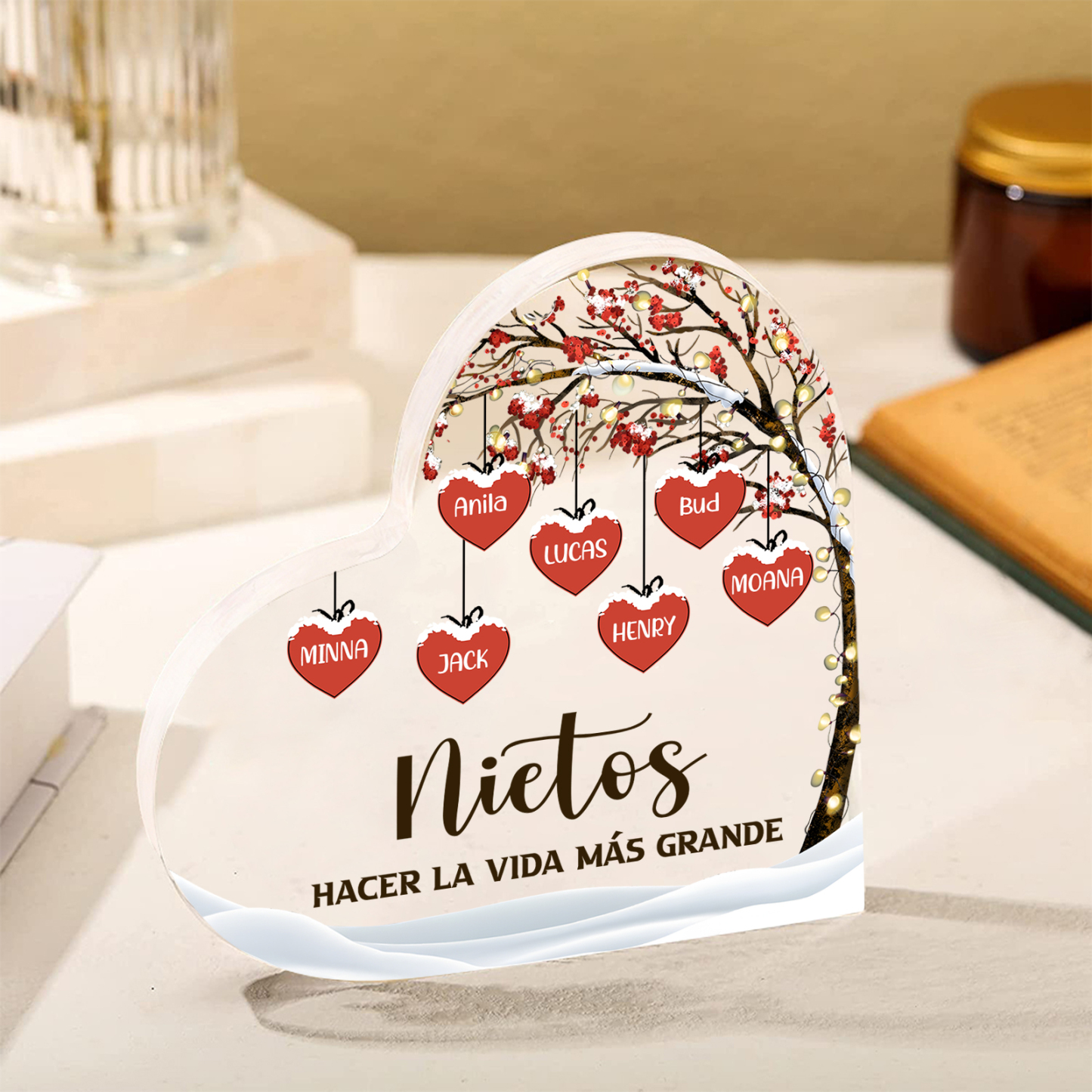 A la familia-Placa de acrílico en forma de corazón árbol de vida y corazones 7 nombres personalizados | Jessemade