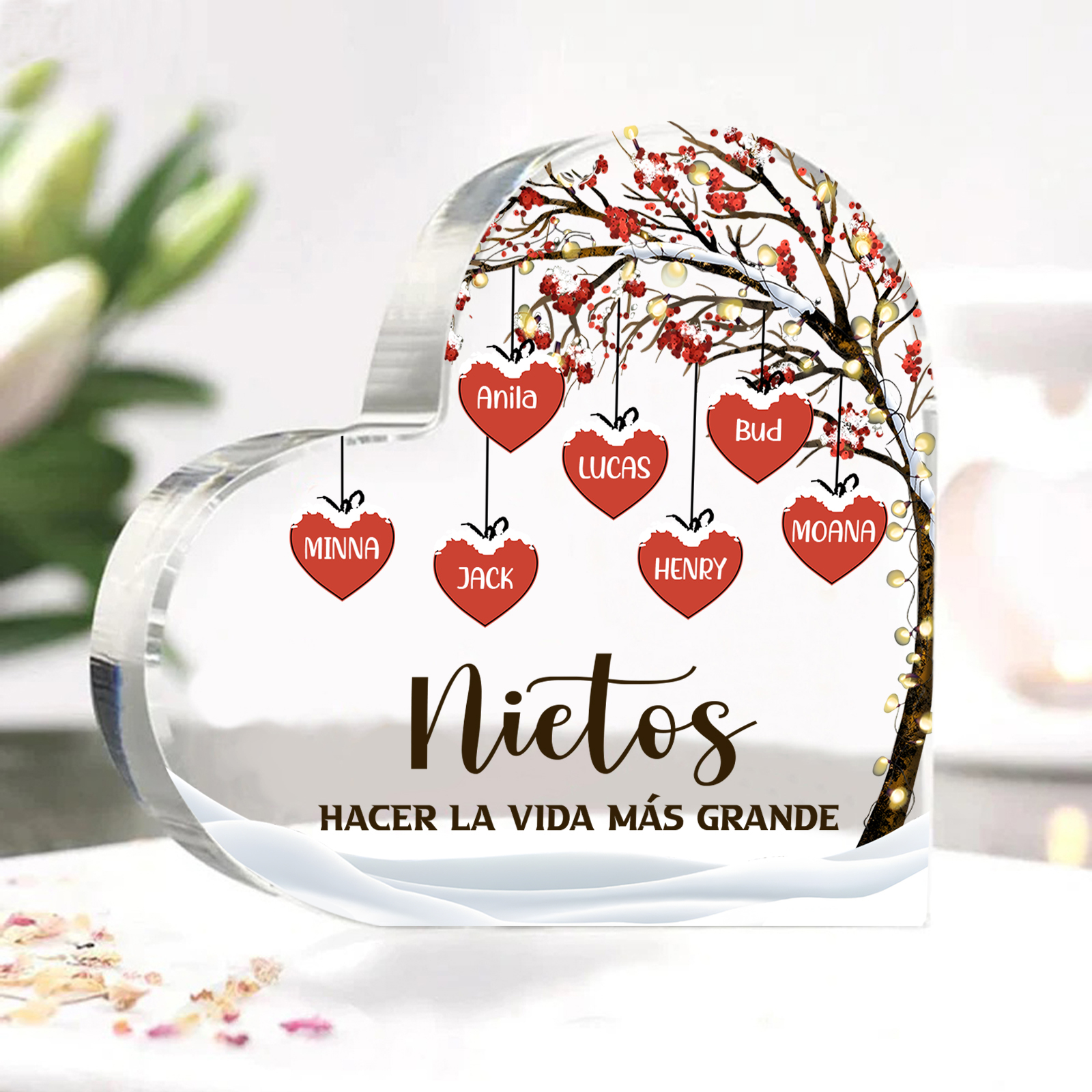 A la familia-Placa de acrílico en forma de corazón árbol de vida y corazones 7 nombres personalizados | Jessemade