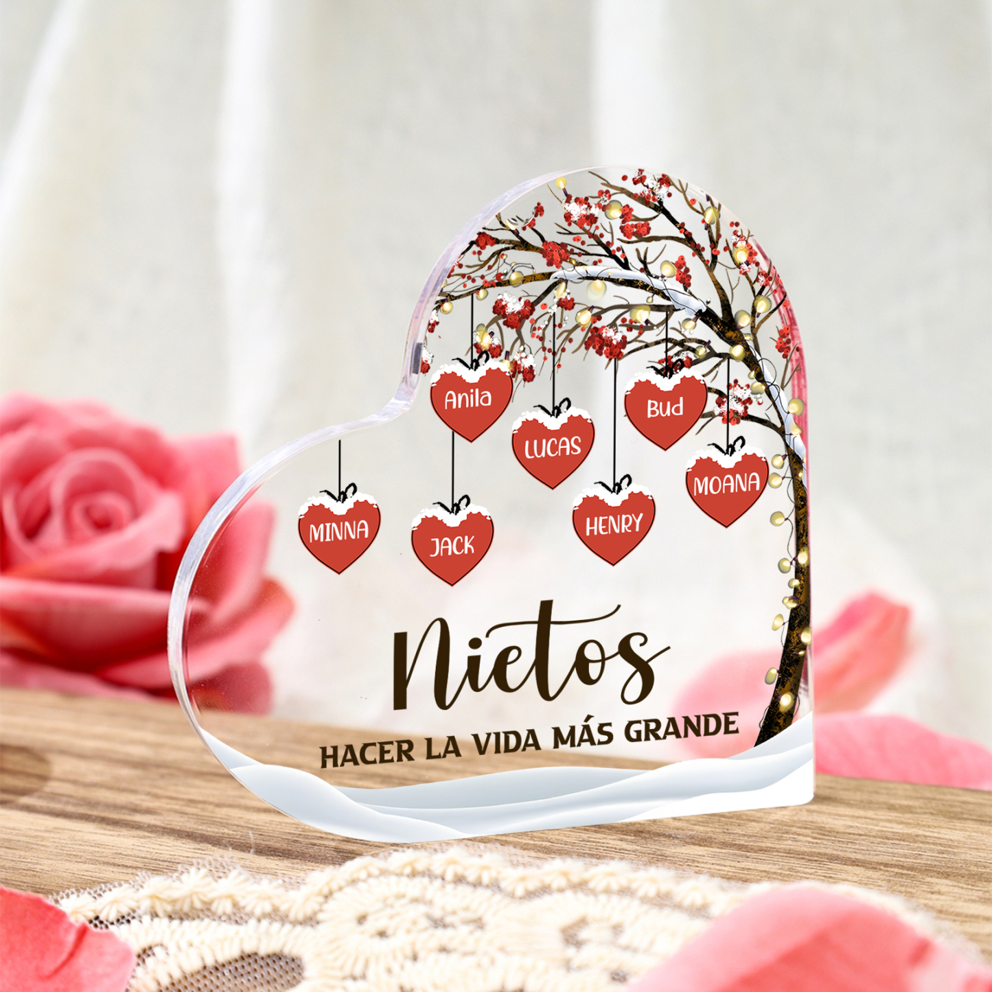 A familia-Placa de acrílico en forma de corazón árbol de vida 1 nombre
