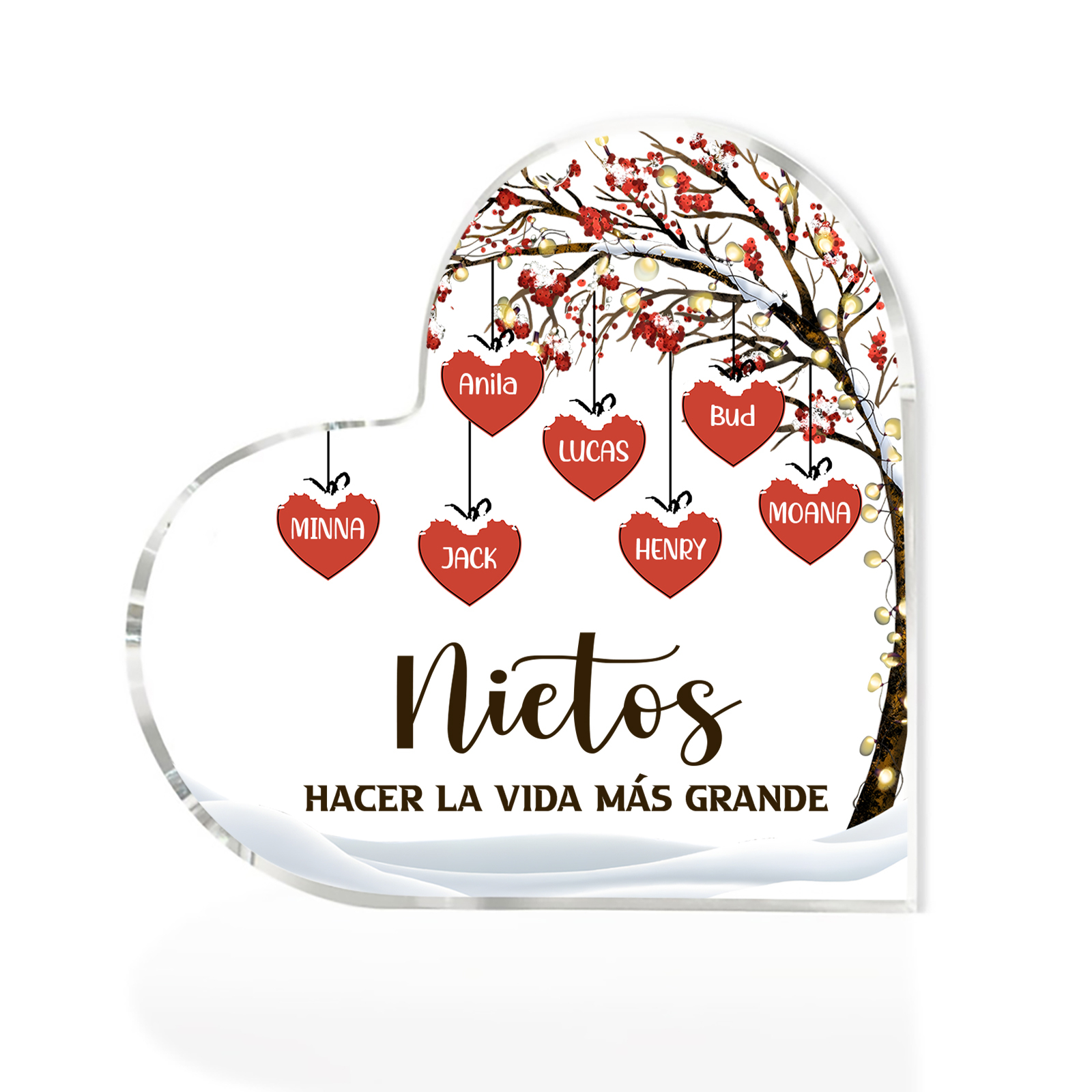 A la familia-Placa de acrílico en forma de corazón árbol de vida y corazones 7 nombres personalizados | Jessemade