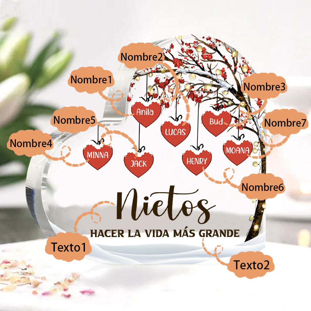A la familia-Placa de acrílico en forma de corazón árbol de vida y corazones 7 nombres personalizados | Jessemade