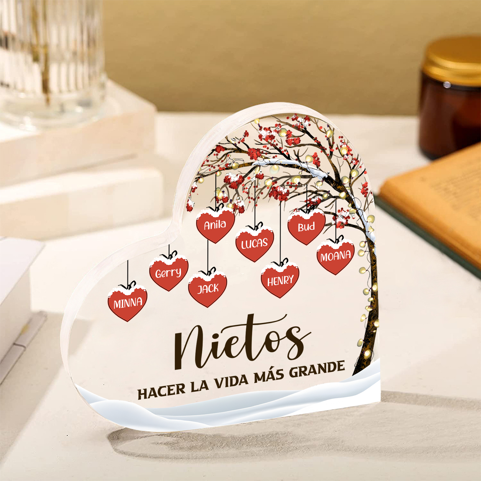 A la familia-Placa de acrílico en forma de corazón árbol de vida y corazones 8 nombres personalizados | Jessemade