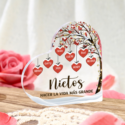 A familia-Placa de acrílico en forma de corazón árbol de vida 1 nombre