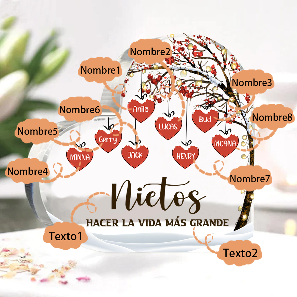 A la familia-Placa de acrílico en forma de corazón árbol de vida y corazones 8 nombres personalizados | Jessemade