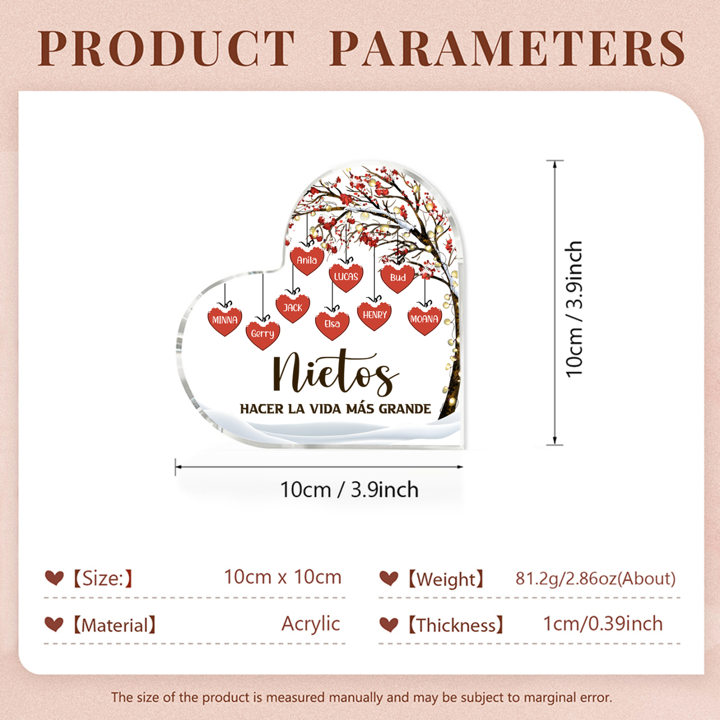 A la familia-Placa de acrílico en forma de corazón árbol de vida y corazones 9 nombres personalizados | Jessemade