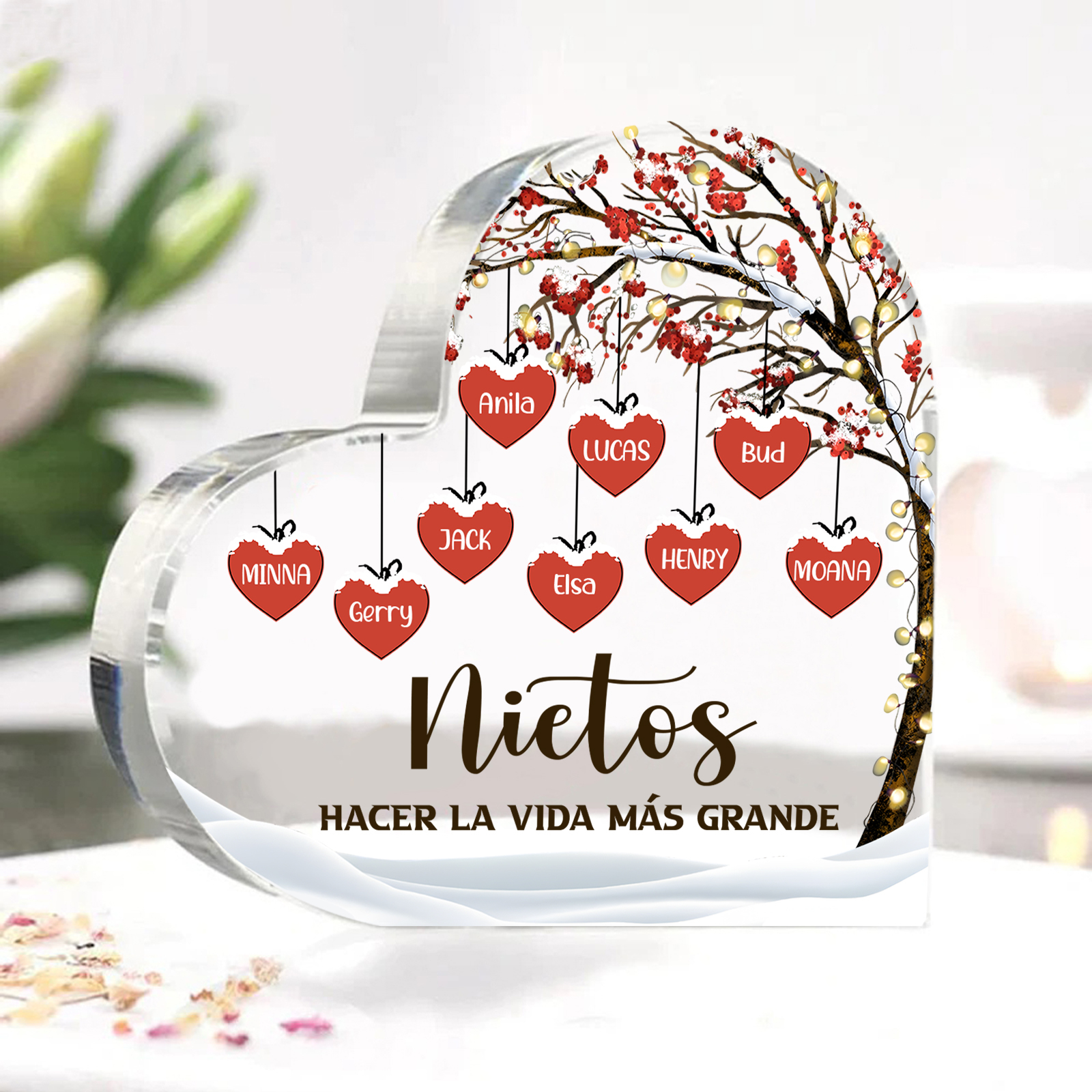 A la familia-Placa de acrílico en forma de corazón árbol de vida y corazones 9 nombres personalizados | Jessemade