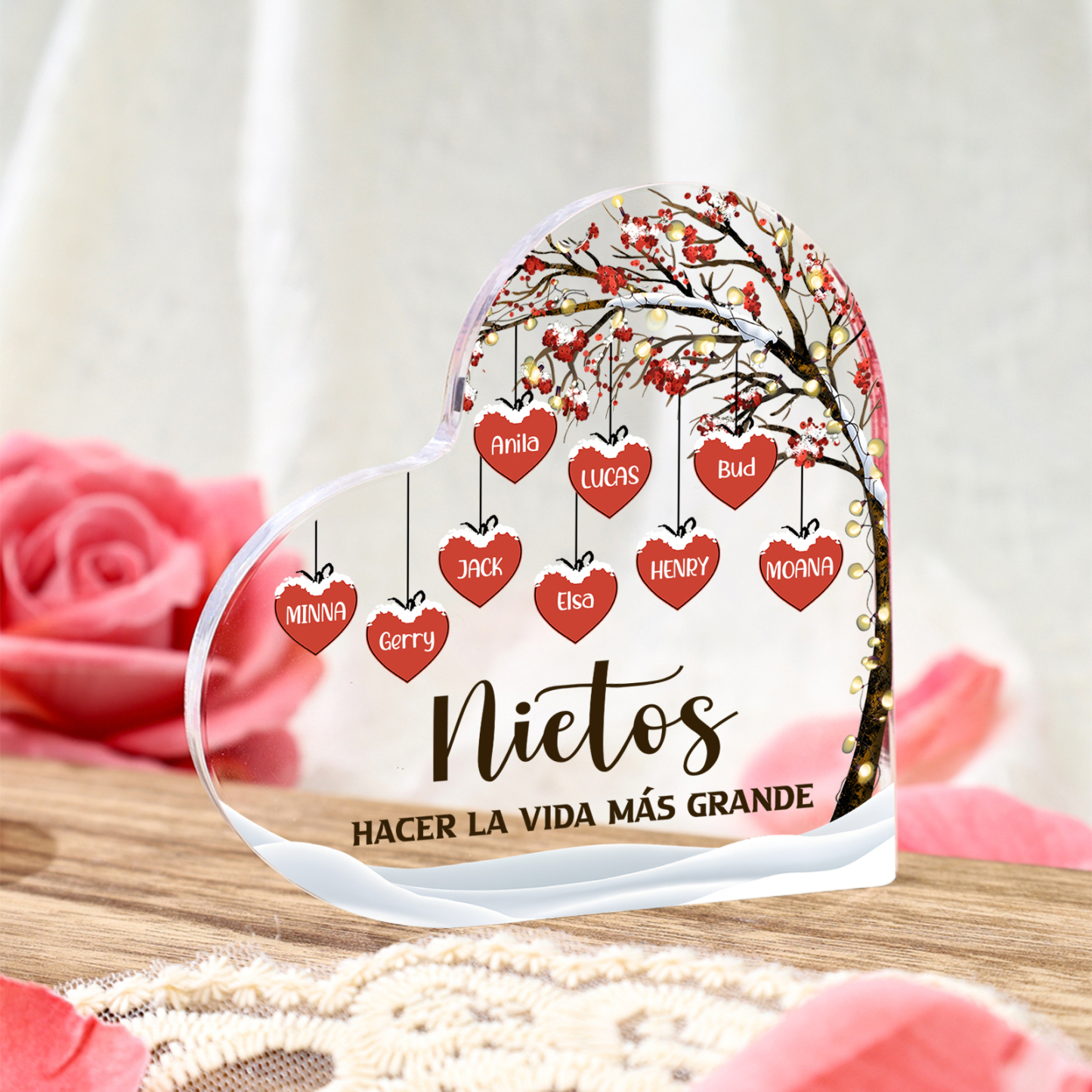A familia-Placa de acrílico en forma de corazón árbol de vida 1 nombre