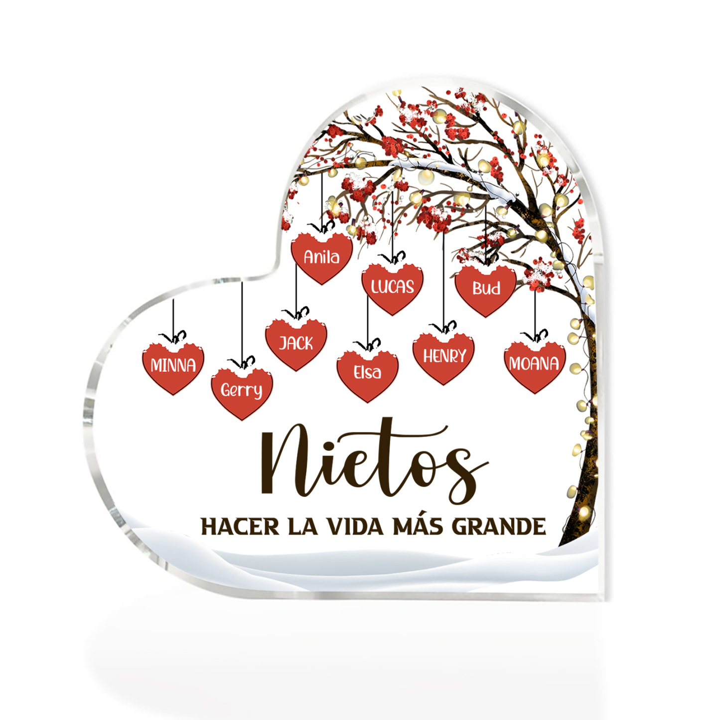 A la familia-Placa de acrílico en forma de corazón árbol de vida y corazones 9 nombres personalizados | Jessemade