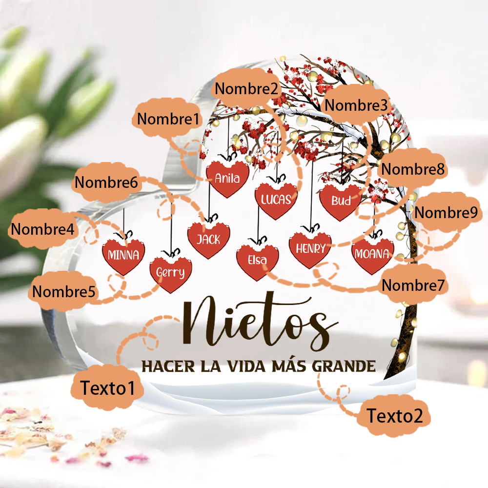 A la familia-Placa de acrílico en forma de corazón árbol de vida y corazones 9 nombres personalizados | Jessemade