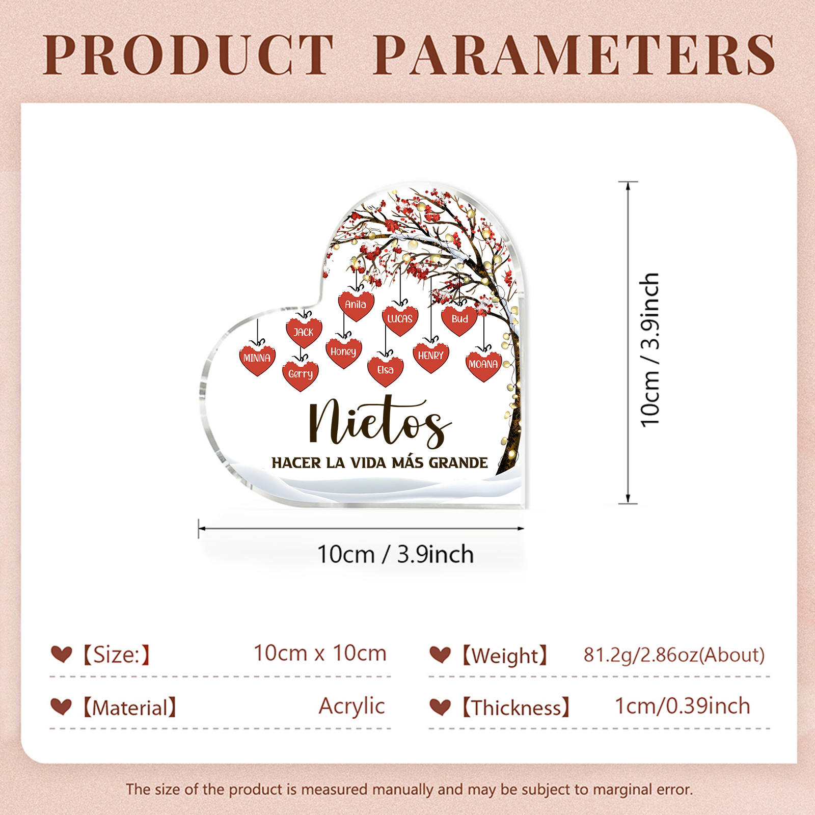 A la familia-Placa de acrílico en forma de corazón árbol de vida y corazones 10 nombres personalizados | Jessemade