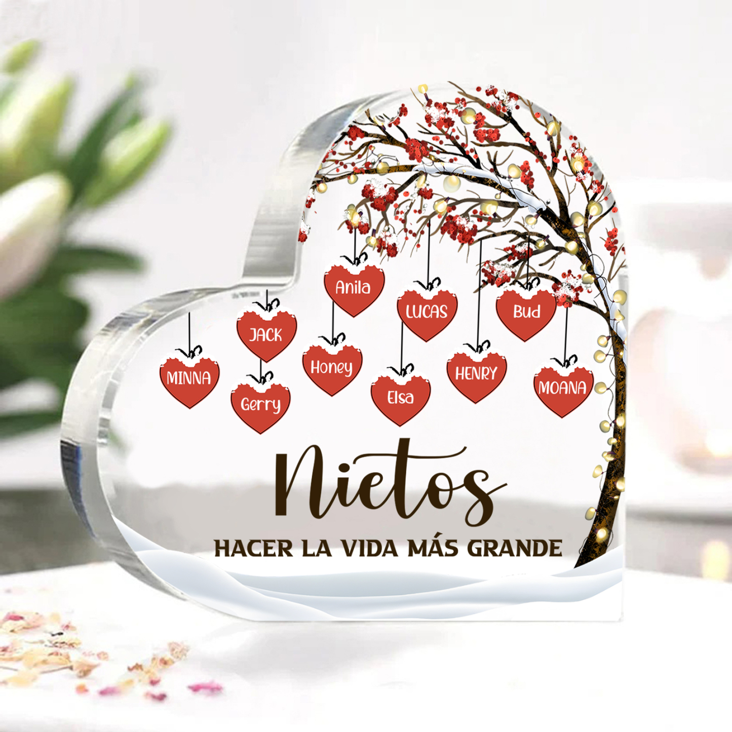A la familia-Placa de acrílico en forma de corazón árbol de vida y corazones 10 nombres personalizados | Jessemade