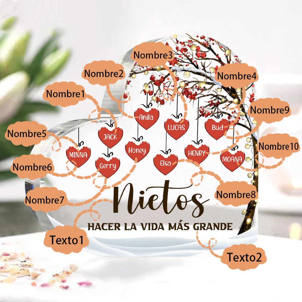 A la familia-Placa de acrílico en forma de corazón árbol de vida y corazones 10 nombres personalizados | Jessemade