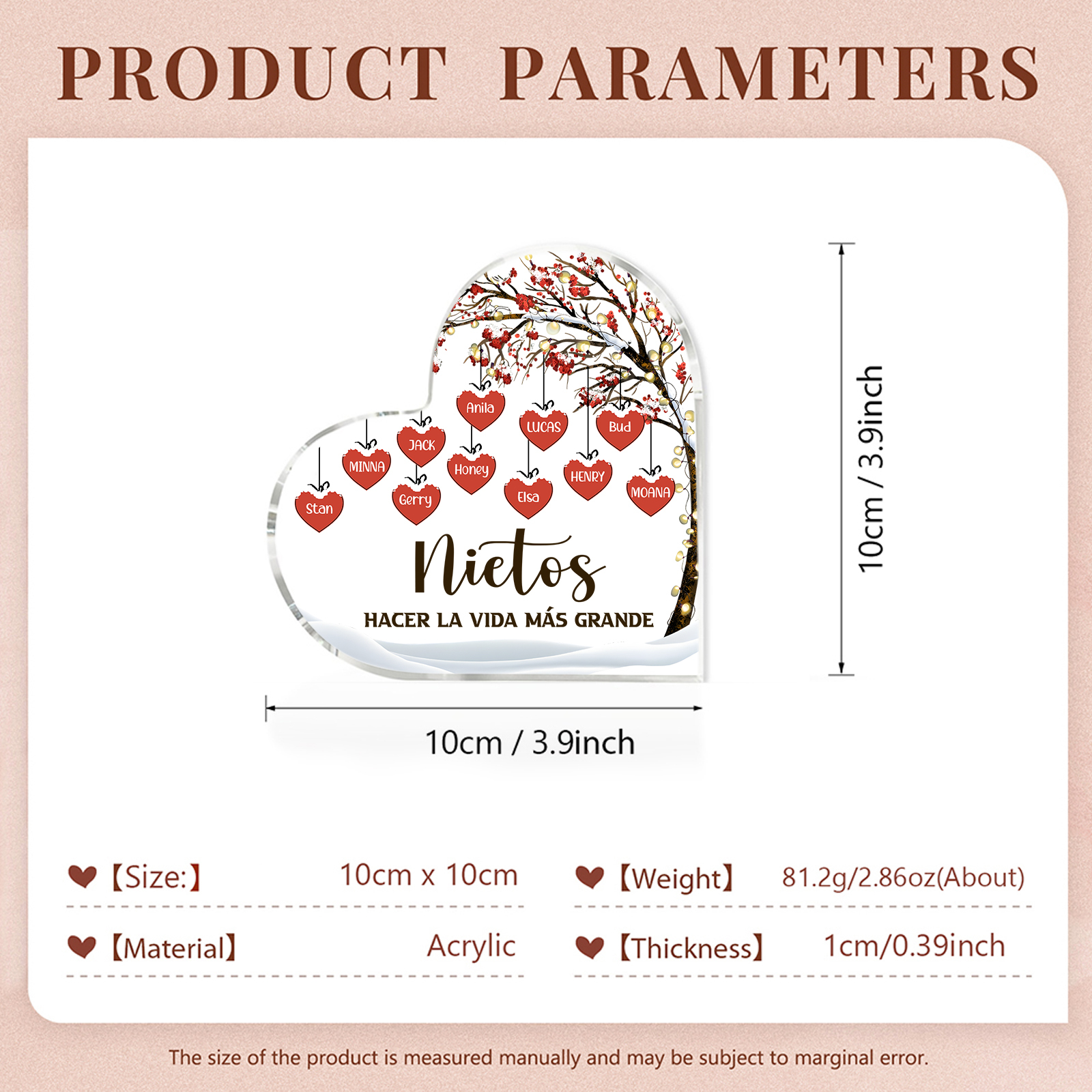 A la familia-Placa de acrílico en forma de corazón árbol de vida y corazones 11 nombres personalizados | Jessemade