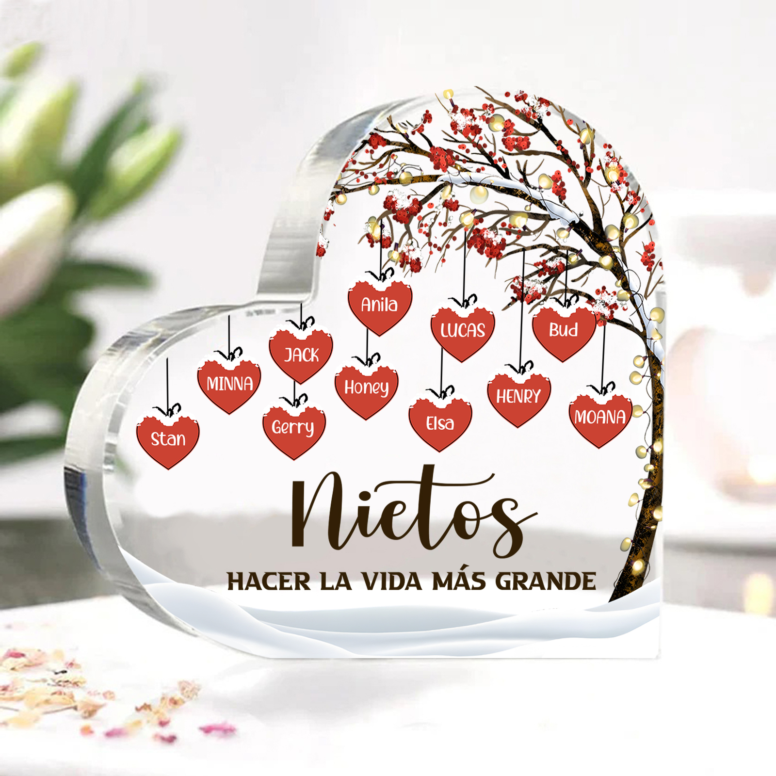 A la familia-Placa de acrílico en forma de corazón árbol de vida y corazones 11 nombres personalizados | Jessemade