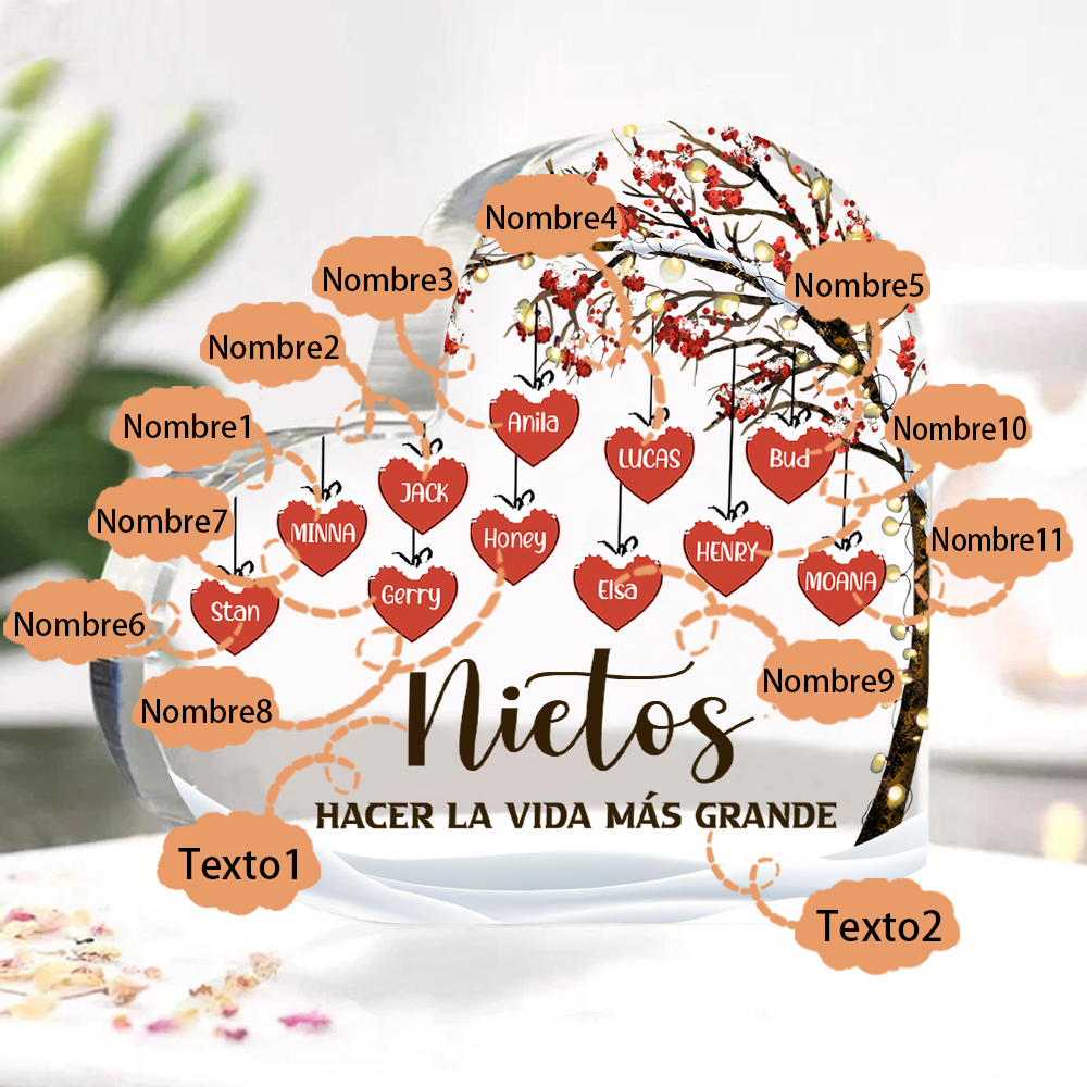 A la familia-Placa de acrílico en forma de corazón árbol de vida y corazones 11 nombres personalizados | Jessemade