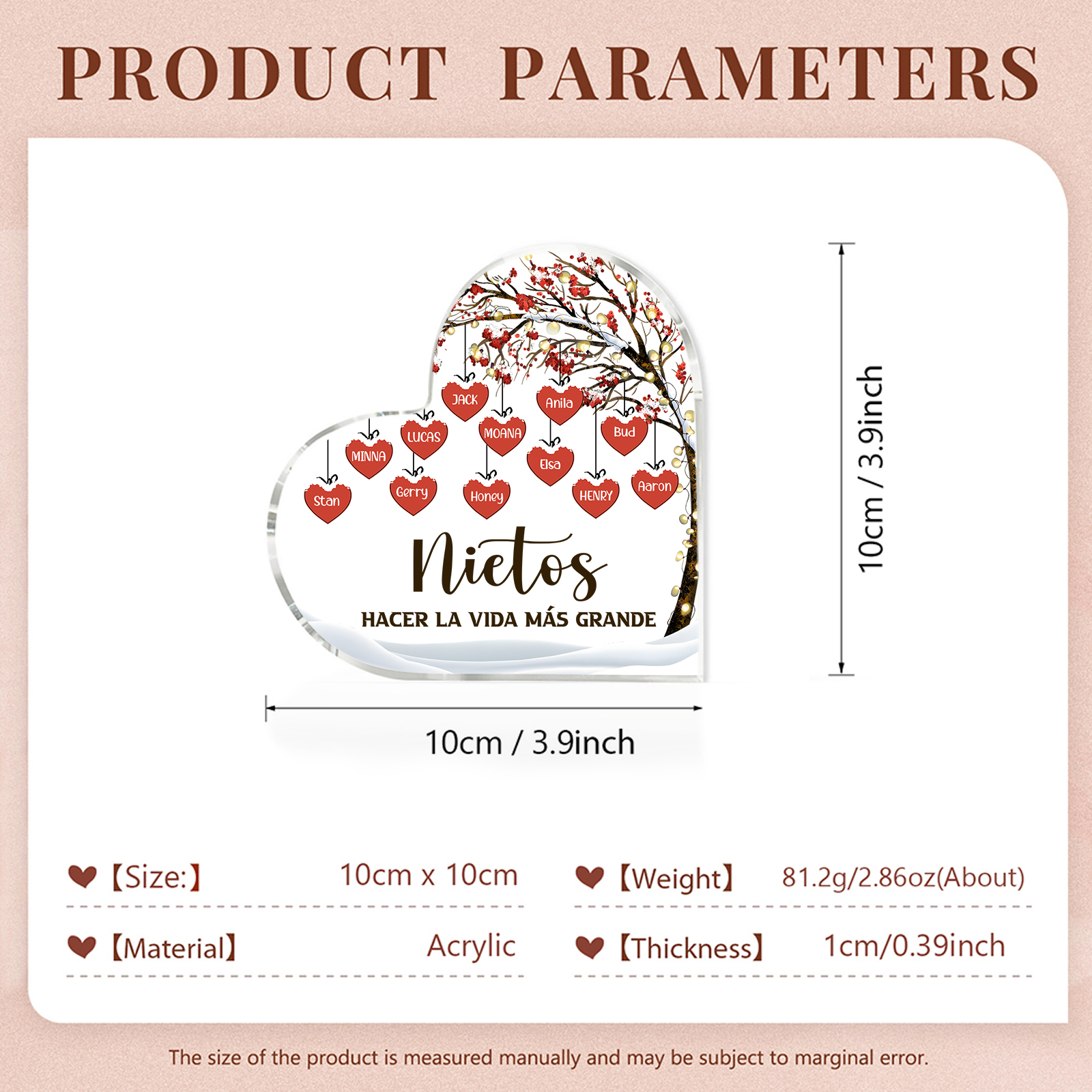 A la familia-Placa de acrílico en forma de corazón árbol de vida y corazones 12 nombres personalizados | Jessemade