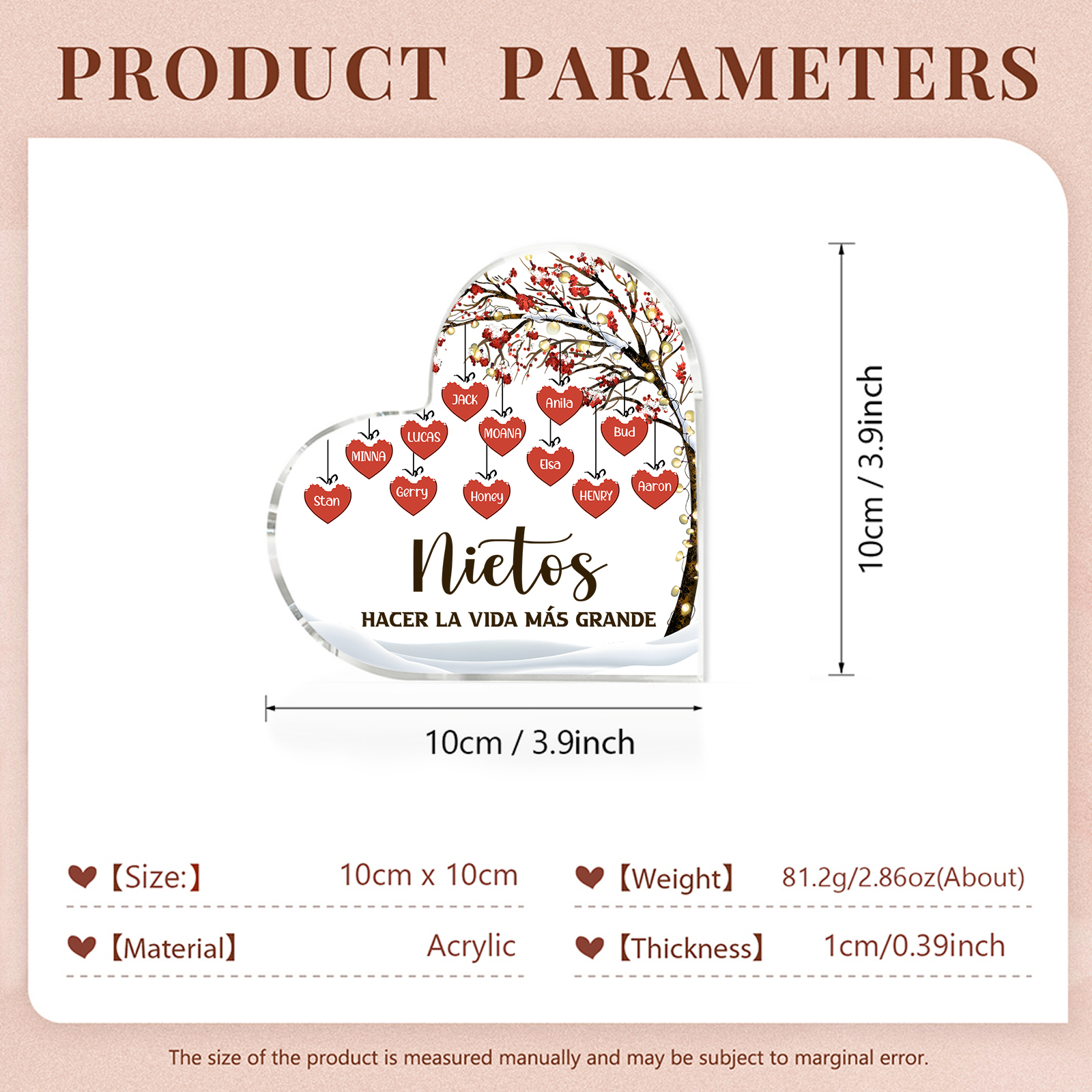 A la familia-Placa de acrílico en forma de corazón árbol de vida y corazones 12 nombres personalizados | Jessemade