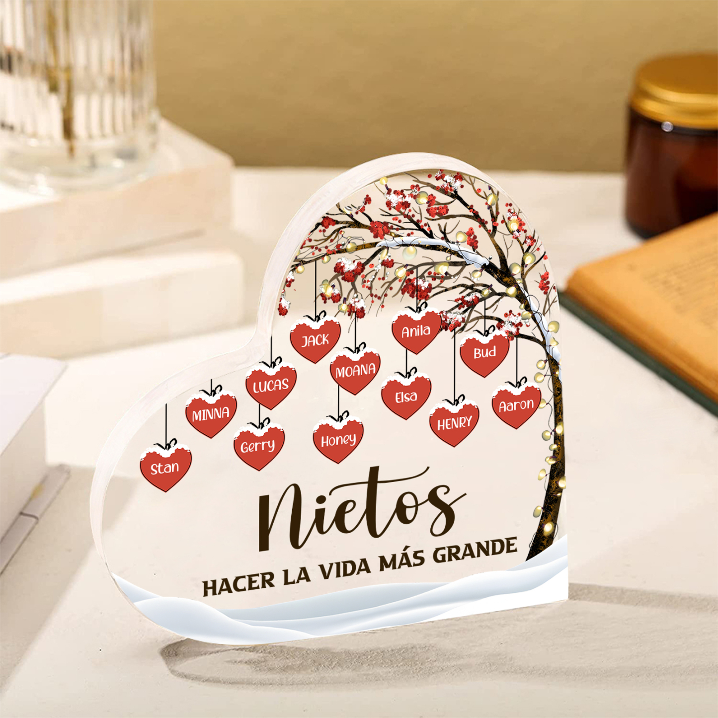 A la familia-Placa de acrílico en forma de corazón árbol de vida y corazones 12 nombres personalizados | Jessemade
