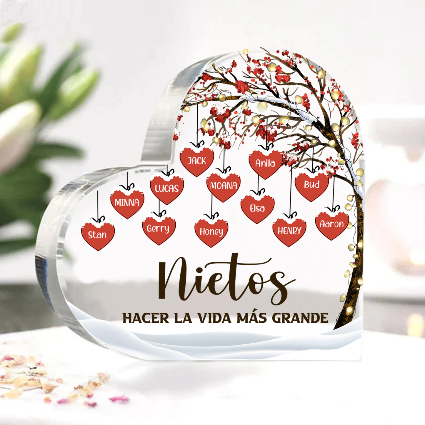 A la familia-Placa de acrílico en forma de corazón árbol de vida y corazones 12 nombres personalizados | Jessemade