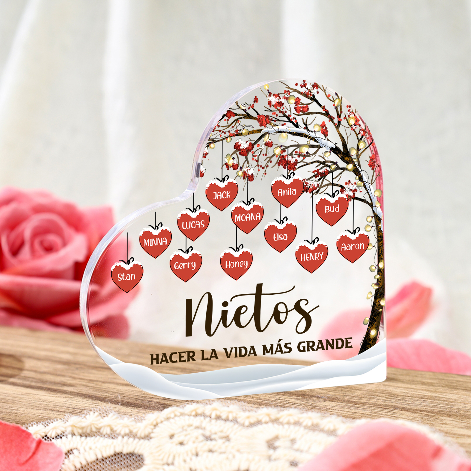 A la familia-Placa de acrílico en forma de corazón árbol de vida y cor