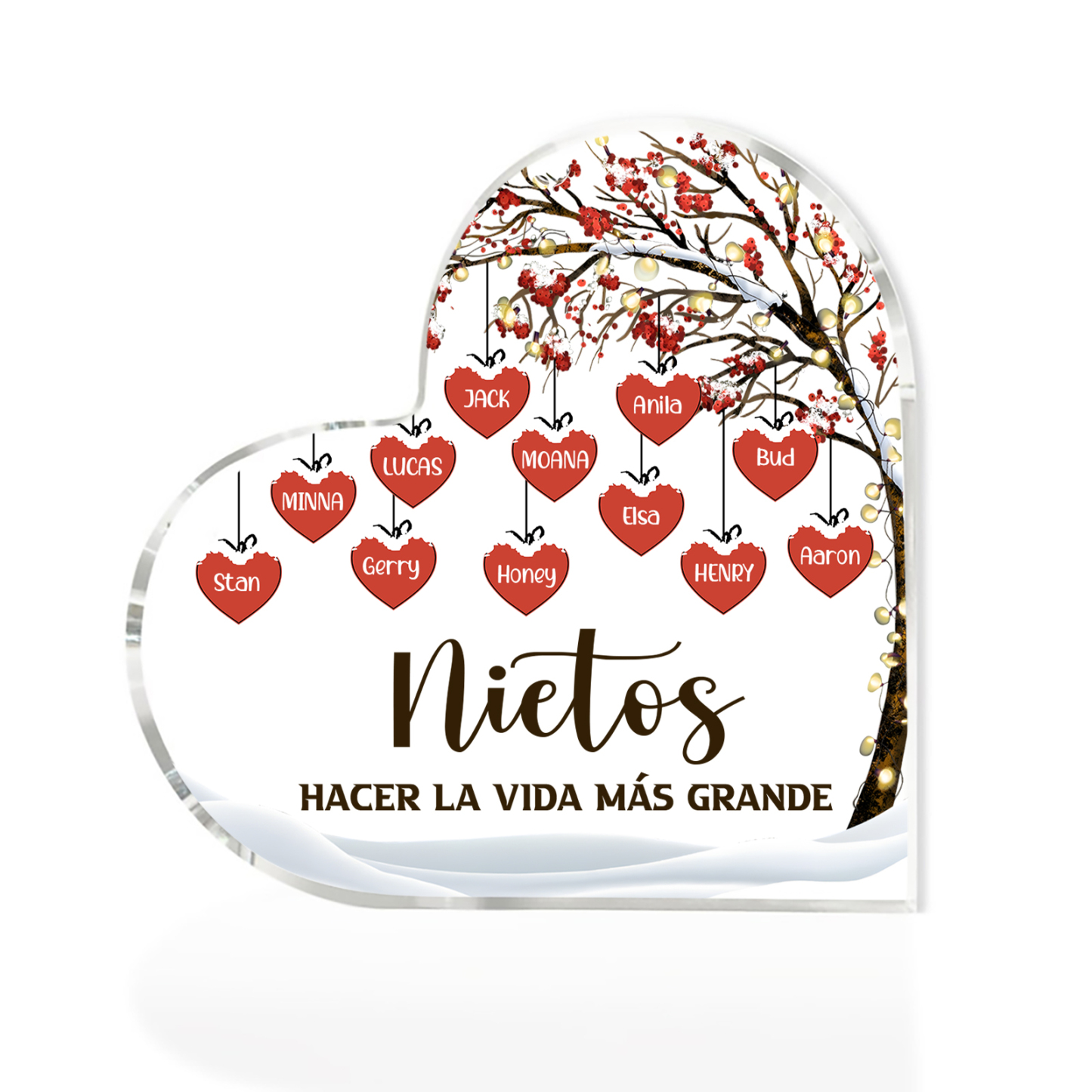 A la familia-Placa de acrílico en forma de corazón árbol de vida y corazones 12 nombres personalizados | Jessemade