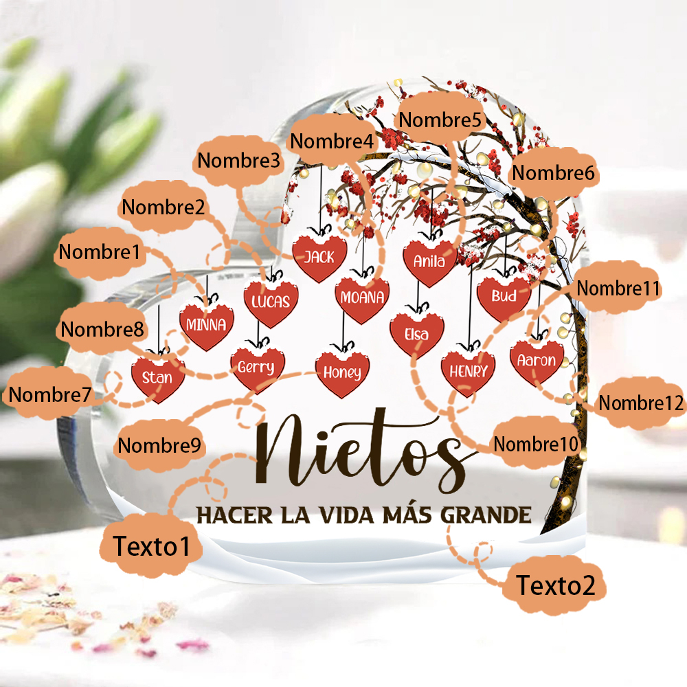 A la familia-Placa de acrílico en forma de corazón árbol de vida y corazones 12 nombres personalizados | Jessemade