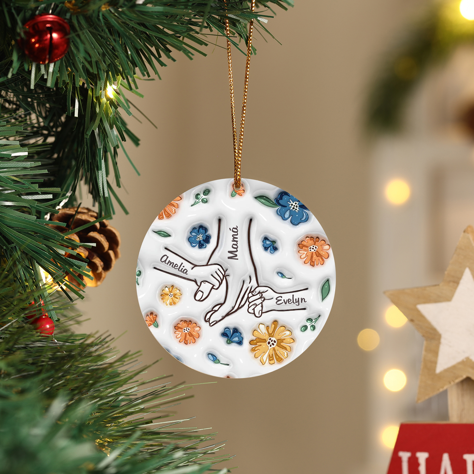 Navidad-Ornamento de acrílico mano y manito con flores 3 nombres personalizados | Jessemade