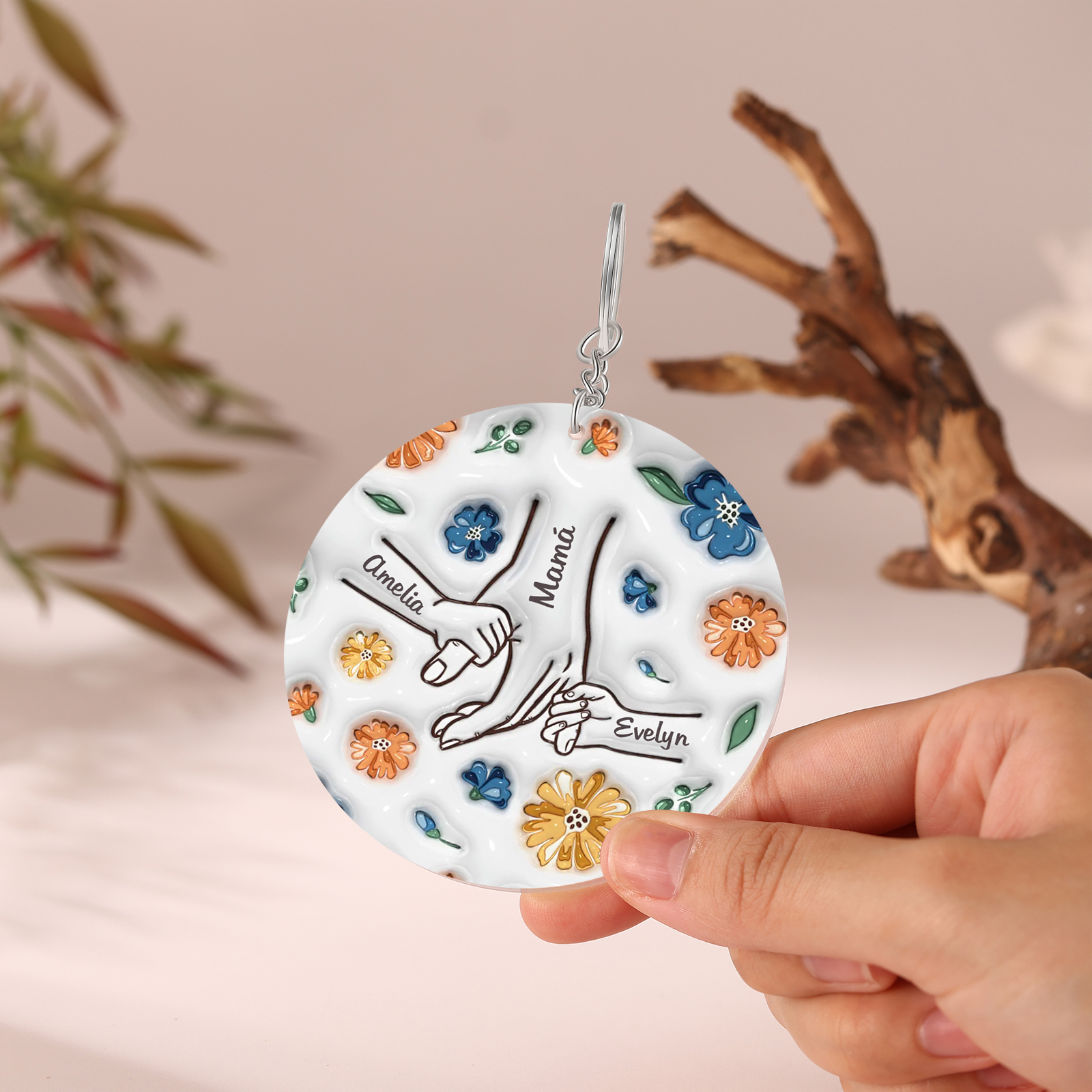 Navidad-Ornamento de acrílico mano y manito con flores 3 nombres personalizados | Jessemade