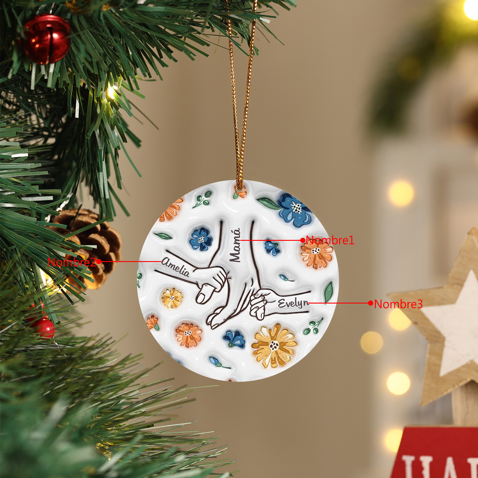 Navidad-Ornamento de acrílico mano y manito con flores 3 nombres personalizados | Jessemade
