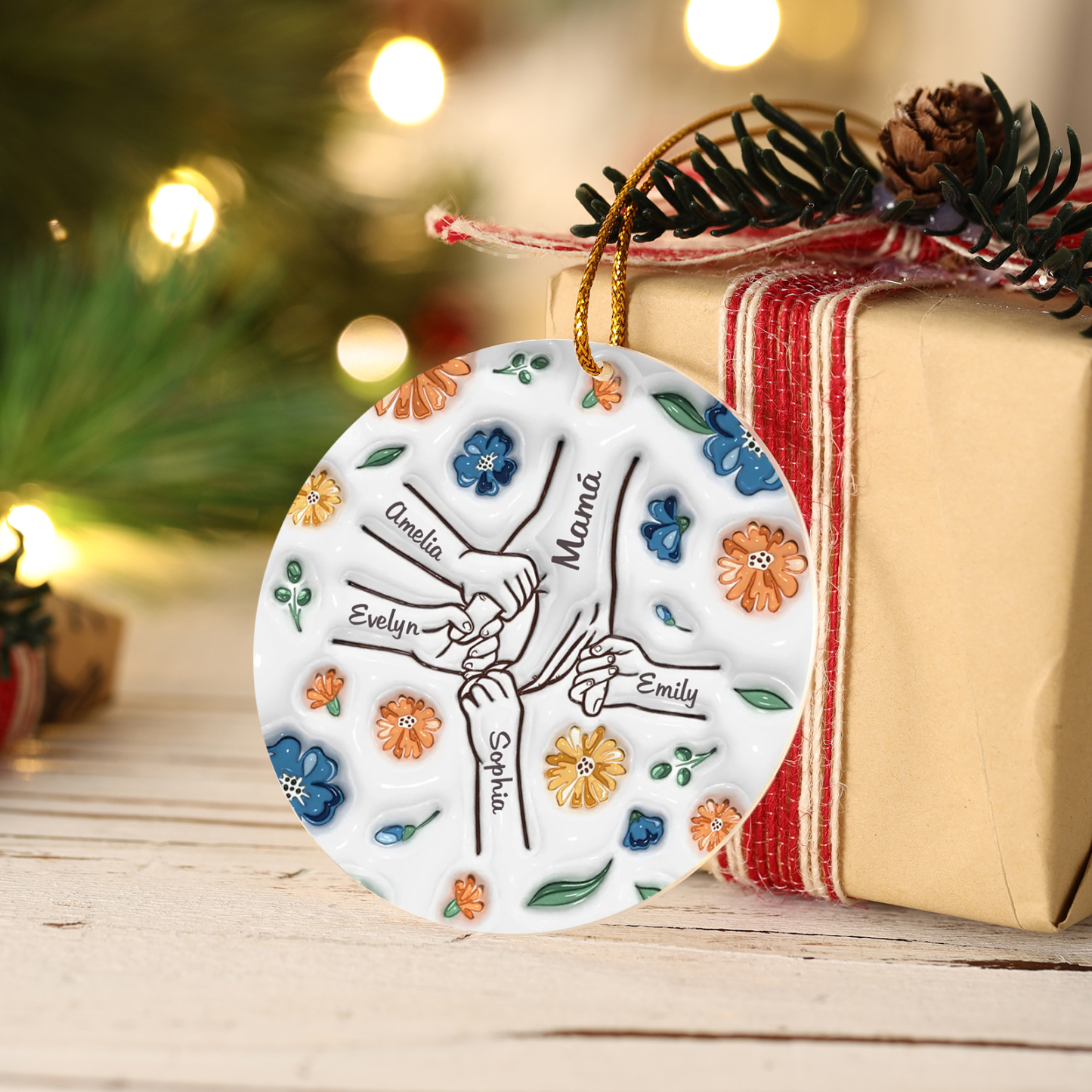 Navidad-Ornamento de acrílico mano y manito con flores 5 nombres personalizados | Jessemade