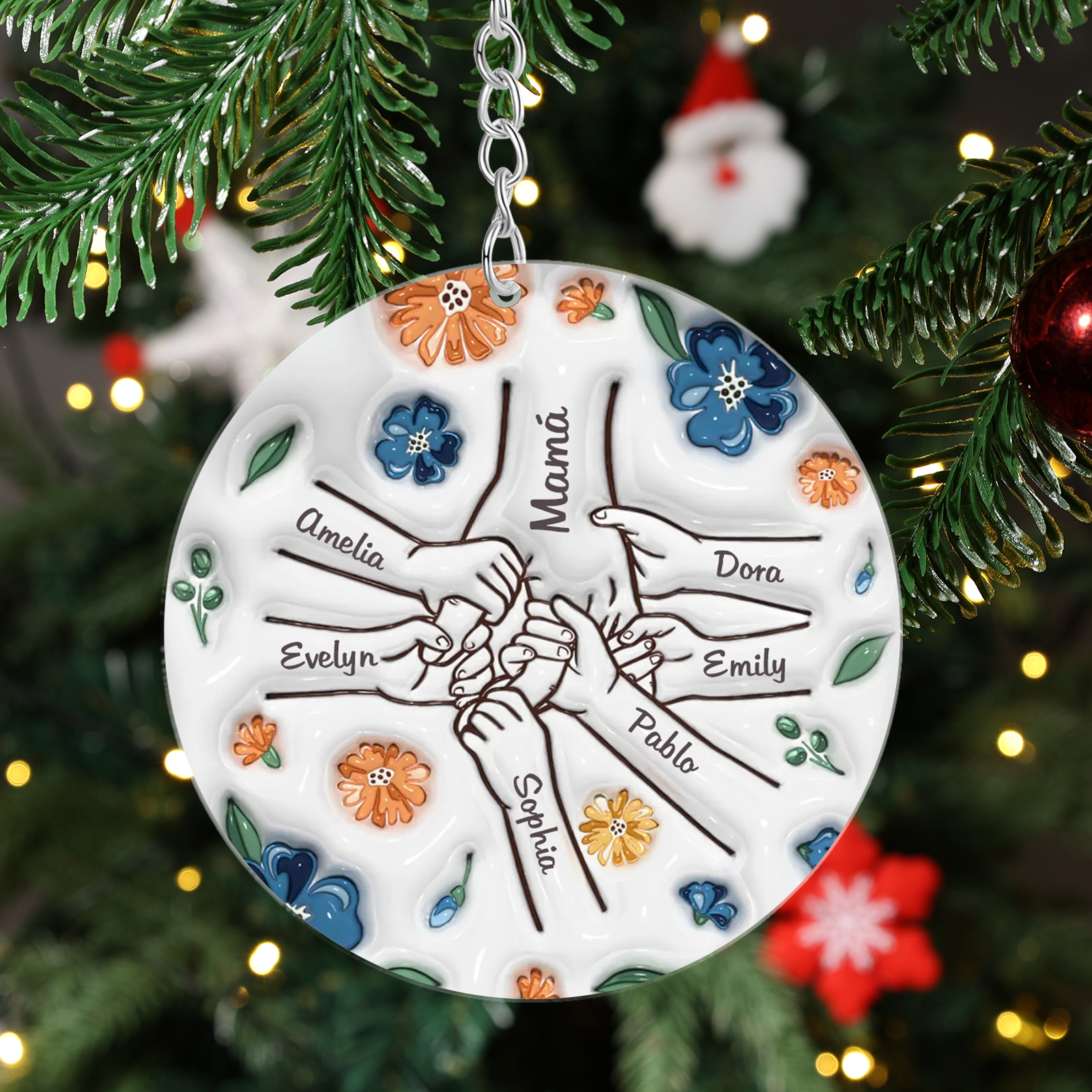 Navidad-Ornamento de acrílico mano y manito con flores 7 nombres personalizados | Jessemade