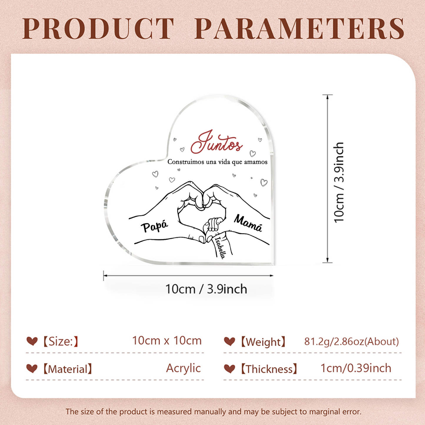 A familia-Placa de acrílico en forma de corazón mano con mano 3 nombres y 2 textos personalizados | Jessemade